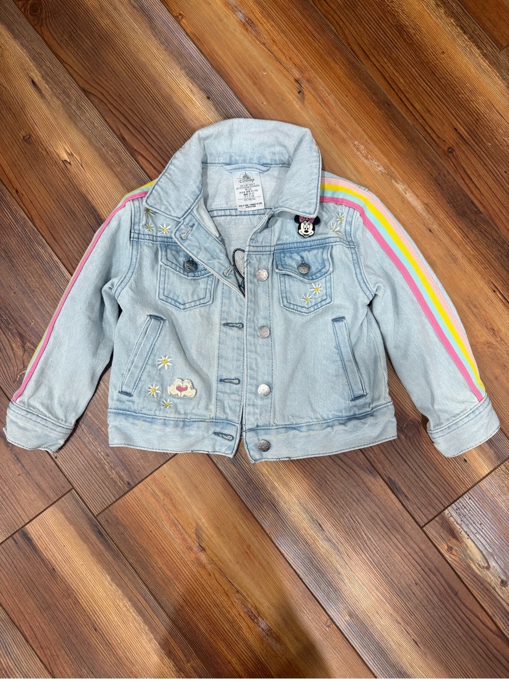 Disney Light Blue Girls Denim Jacket with Rainbow Sleeve Stripes